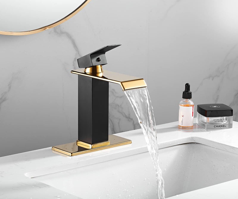 YCCUZA Black Bathroom Faucet Gold Waterfall One Handle 1-3 Hole Lavatory Vanity Sink Faucet with Water Supply Hose Deck Mount Commercial - Image 3